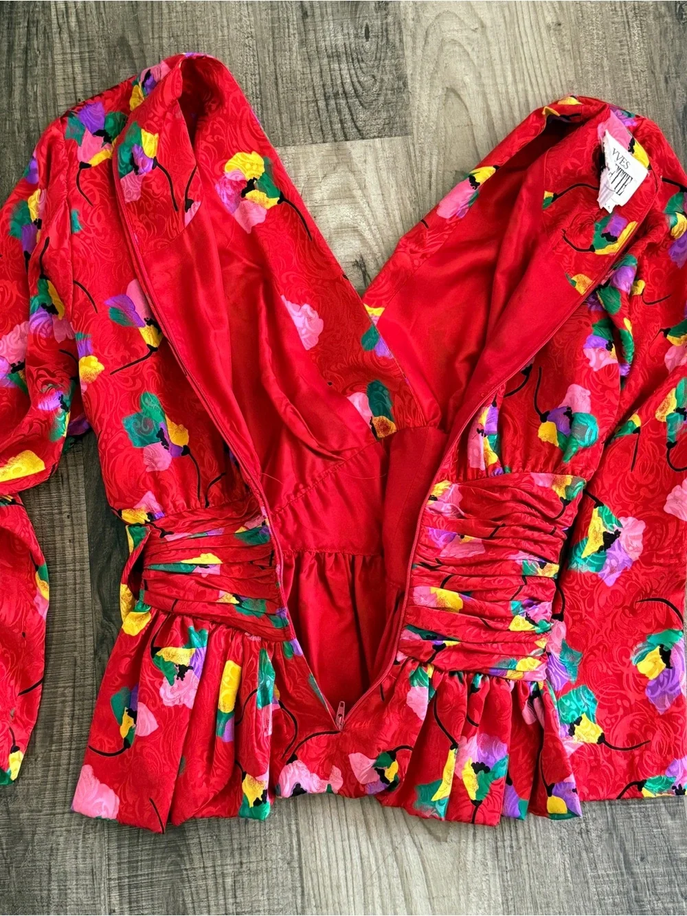 Vtg 100% Silk Red Floral Skirt Suit Set Sz 4